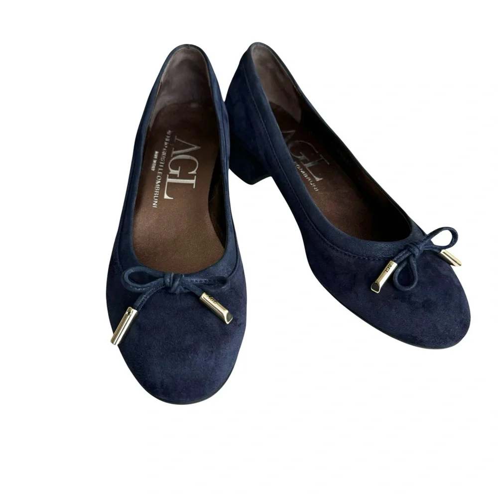 AGL Suede Shoes Navy Chunky Heel
